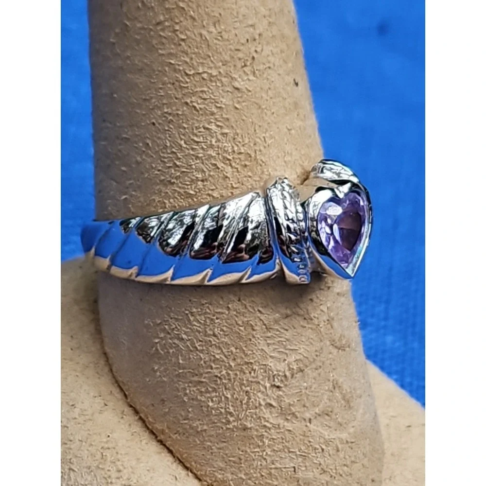 Sterling Silver Amethyst Heart Ring Domed Ridge Love 8mm Wide Size 10